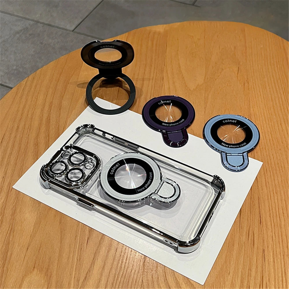Luxury Plating Shockproof Magnetic Bracket For Magsafe Clear Case For iPhone 15 16 14 13 12 17 Pro Max With Holder Stand Cover